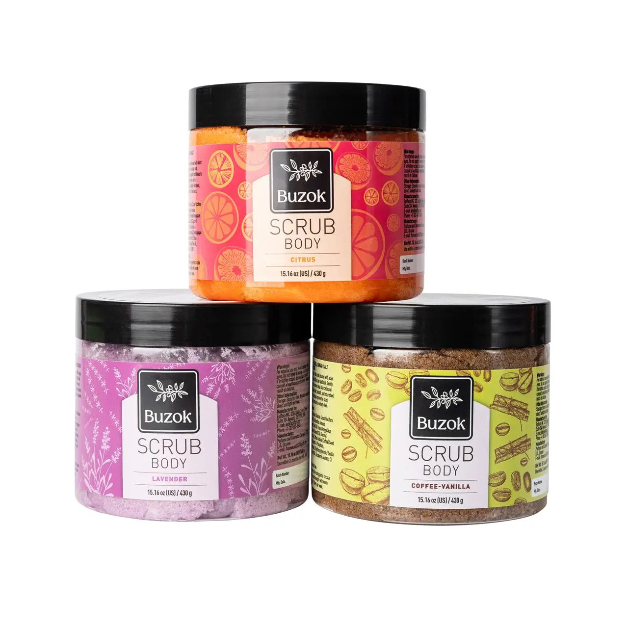 Body scrubs collection by Buzok - Citrus, Lavender, Coffee-Vanilla in jars