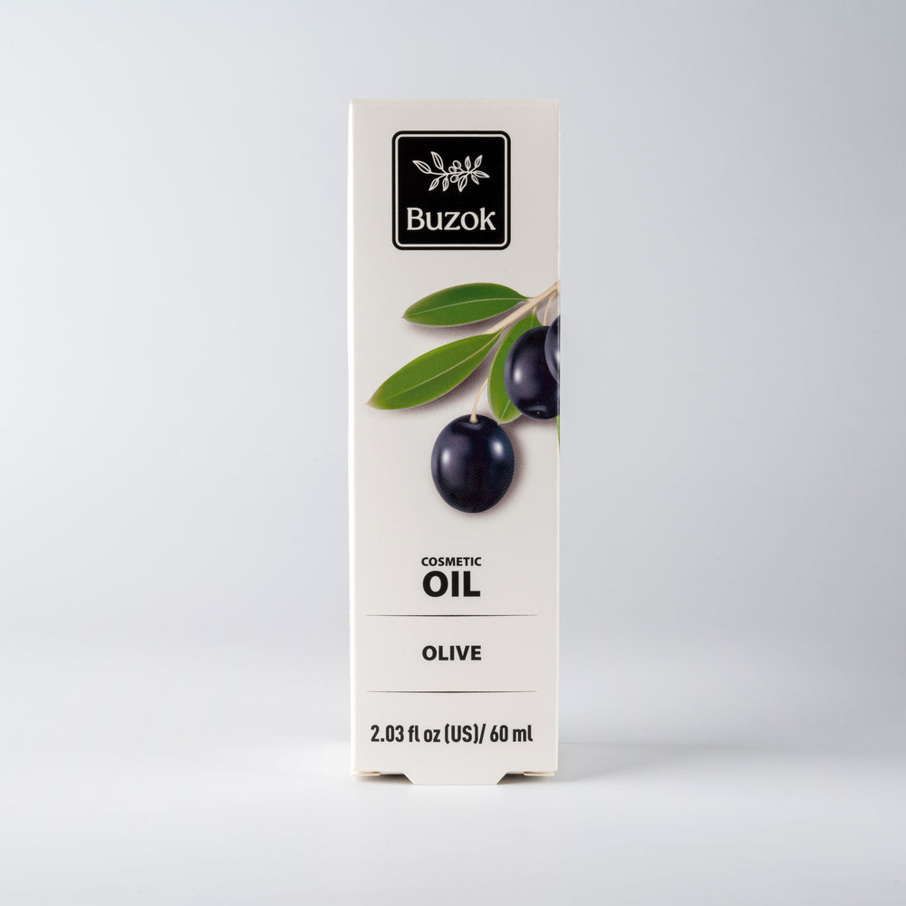 Box of Buzok olive cosmetic oil on a white background