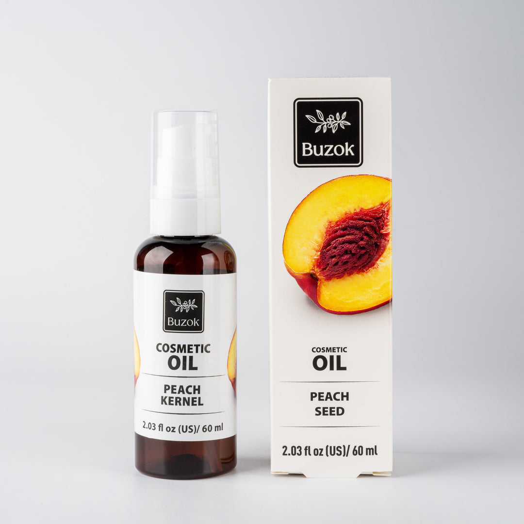 Buzok cosmetic oil bottle and packaging on a light gray background