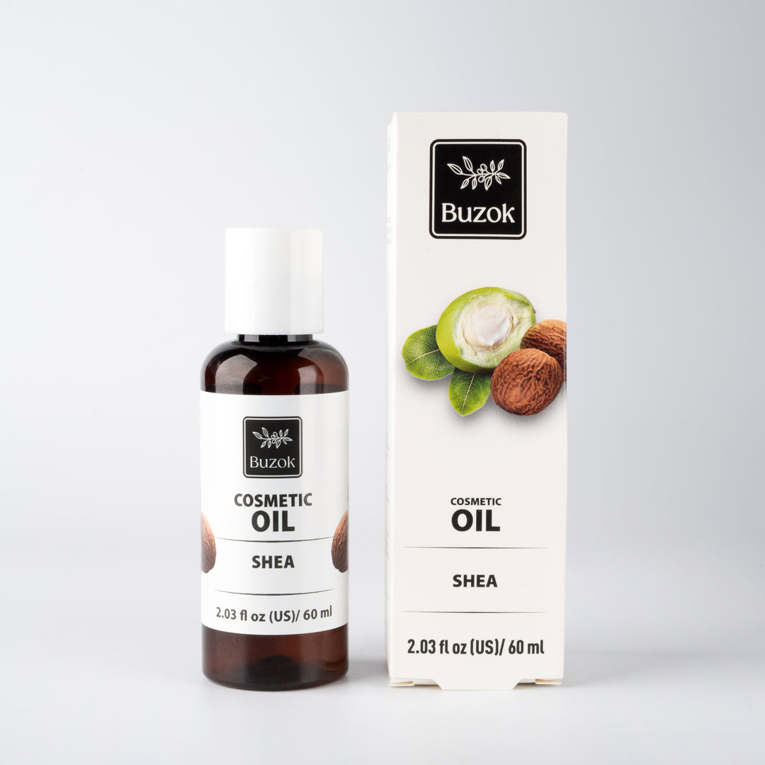 Buzok Shea cosmetic oil bottle and packaging on a white background