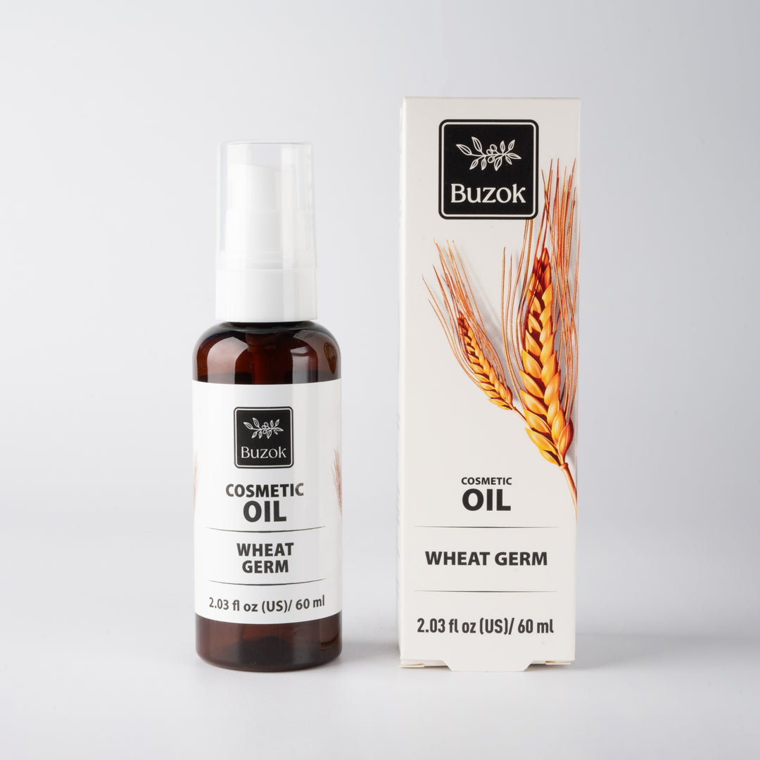 Buzok wheat germ cosmetic oil bottle and packaging on a white background