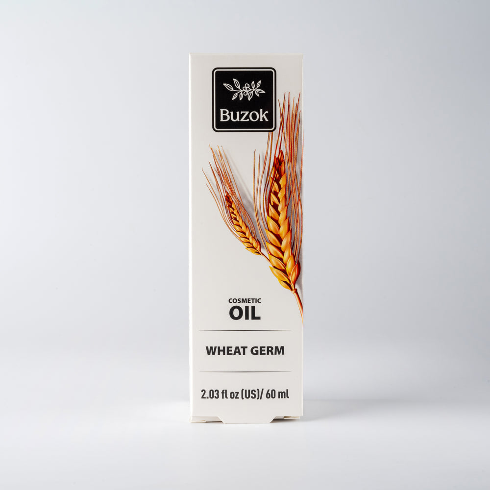 Box of Buzok wheat germ cosmetic oil on a white background